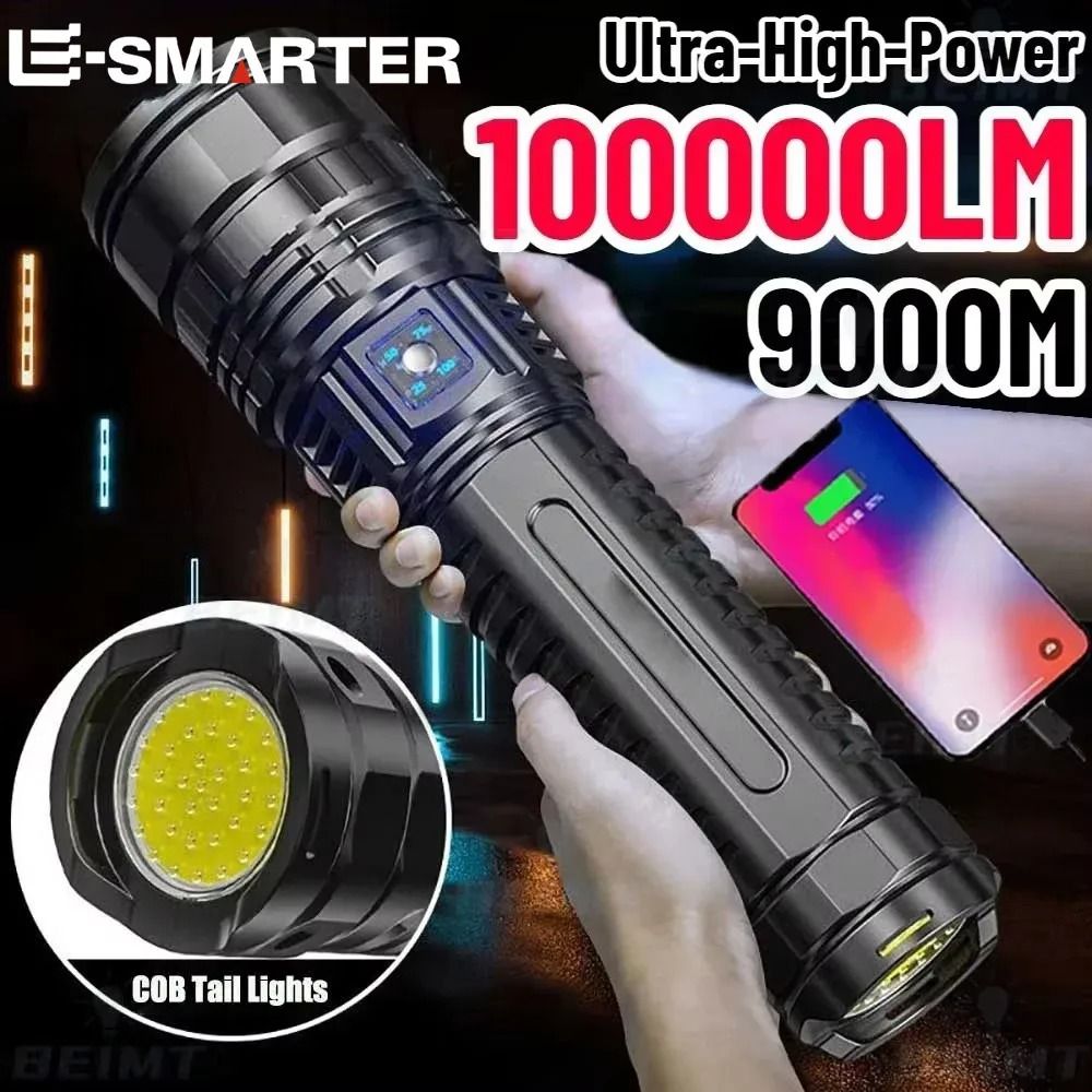 Ultra Bright Rechargeable LED Flashlight with 15000mAh Battery and Tail Light
