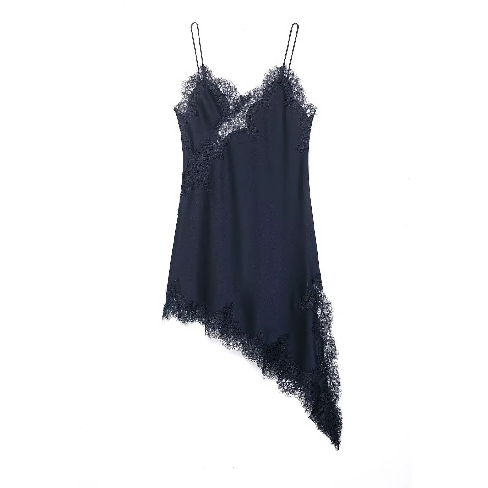 Women Fashion Sexy V Neck Lace Elegant Halter Dress Asymmetric Hem