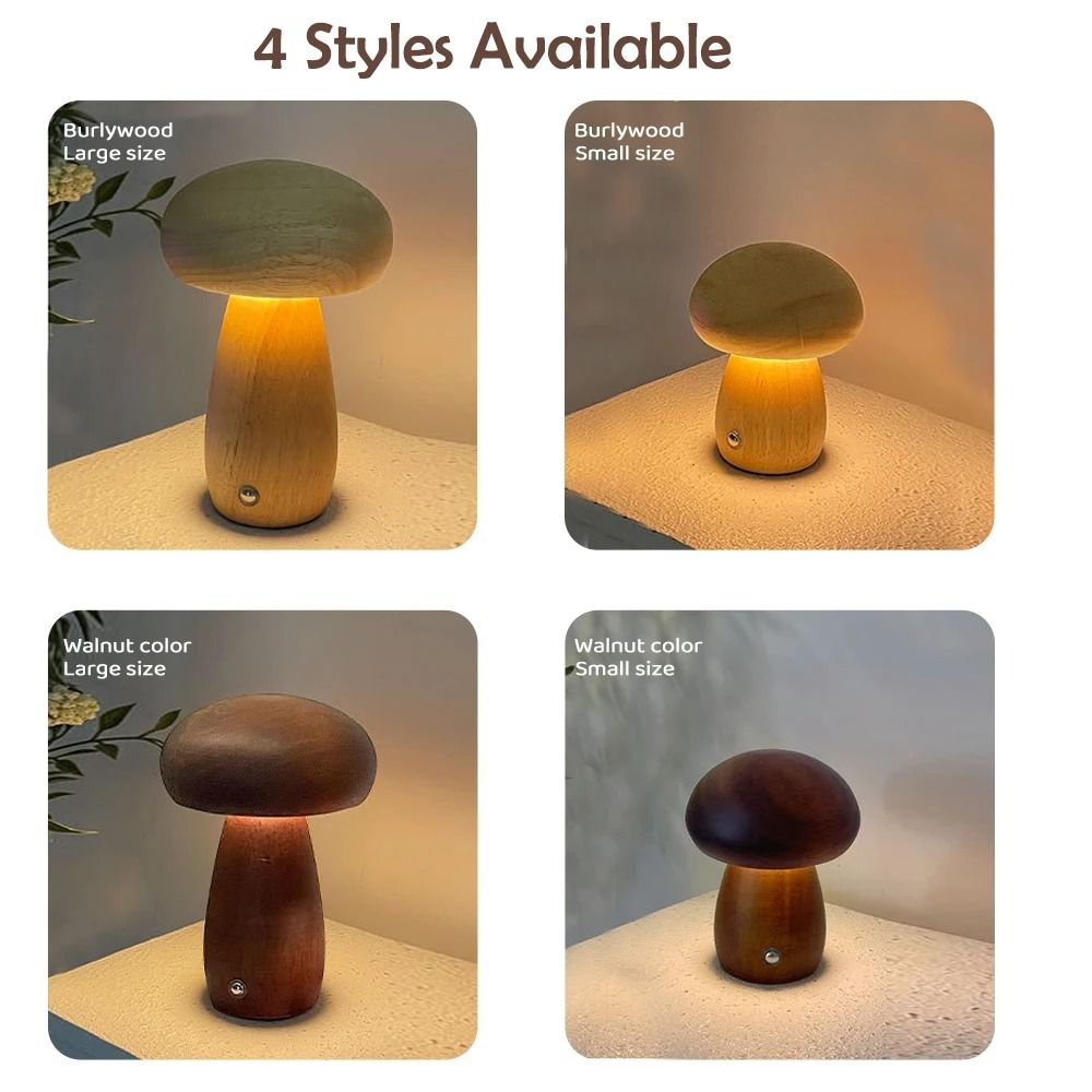 Wooden Mushroom Night Light Stepless Dimming Bedside Table Lamp Rechargeable 3 Color