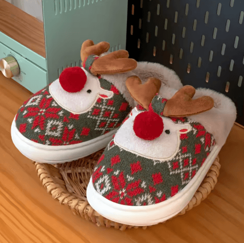 Cute Christmas Deer Womens Winter Slippers Cozy Non-Slip House Shoes