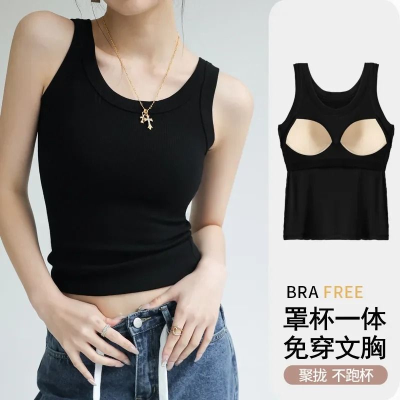 Womens Ribbed Tank Top with Chest Pad Summer Casual Camisole