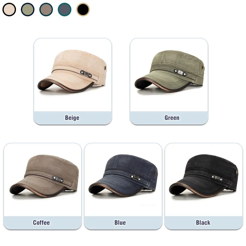 Distressed Washed Cotton Cadet Flat Cap with Leather Binding