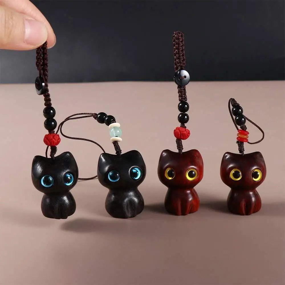 Creative Cute Cat Shape Lucky Blessing Charm Sandalwood Keychain Pendant