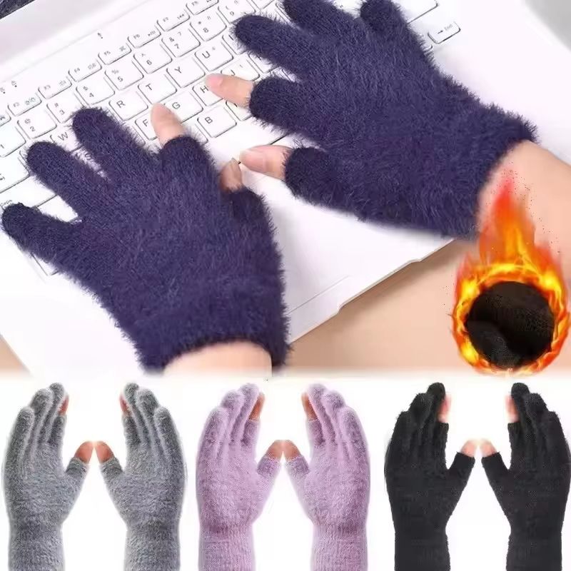 Winter Warmth Fingerless Mink Fur Knitted Touch Screen Gloves for Men and Women