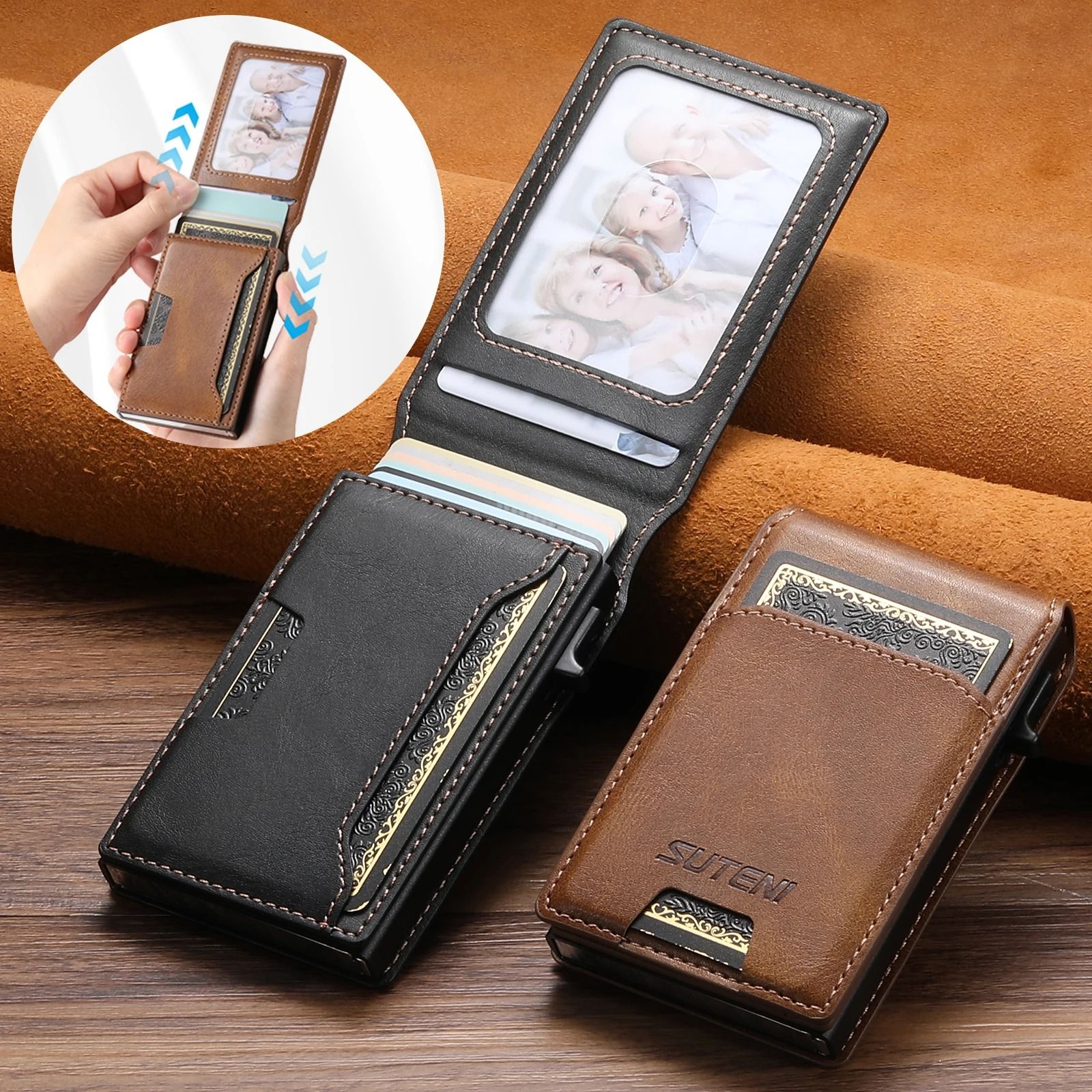 Mens PU Leather Auto Eject Wallet with Flip Cover
