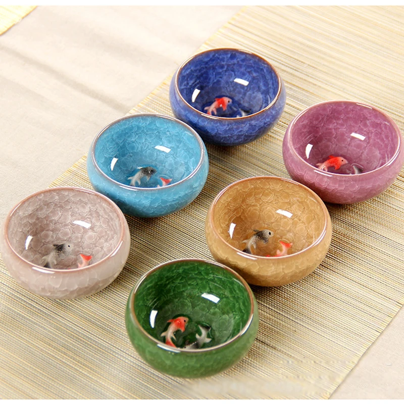 Crackle Glaze Chinese Porcelain Teacup Set Double Fish Kung Fu Travel Tea Cups
