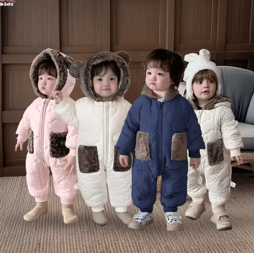 2025 Bear Ear Hooded Baby Snowsuit – Fleece Lined Winter Romper for Infants & Toddlers