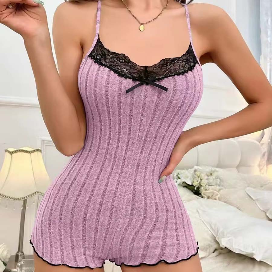 Sexy Women's Suspenders Pajamas Set with Lace Trim and Bow Design, Sleeveless V-Neck Summer Sleepwear