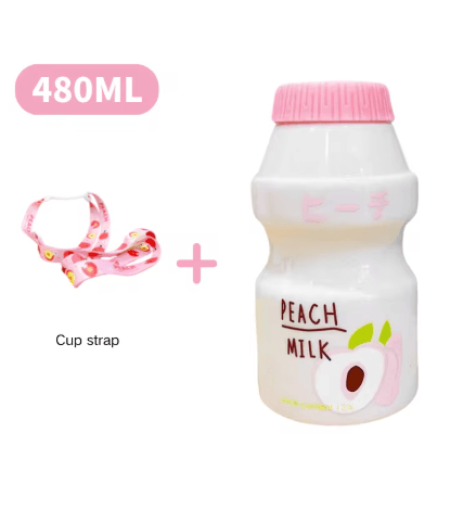 480ml Kawaii Milk Carton Water Bottle Cute Plastic Drinking Bottle with Cup and Strap