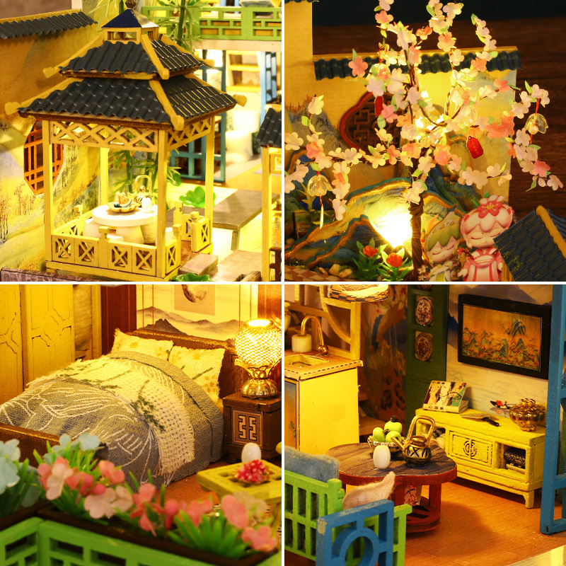 DIY Wooden Dollhouse with Furniture and Light, Casa Miniature Doll House Kit, Chinese Style Villa Model Toys Birthday