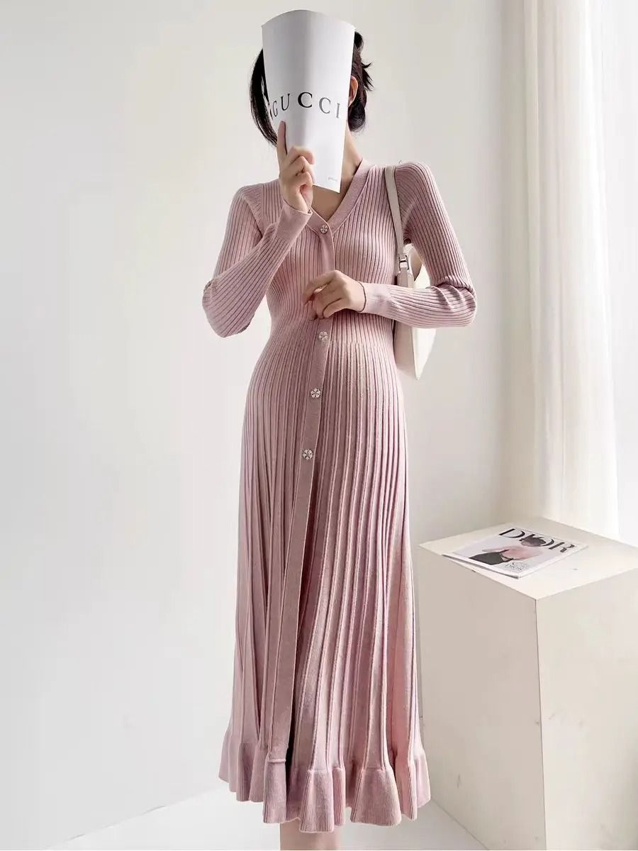 Single Breasted V Neck Fishtail Maternity Knit Dress