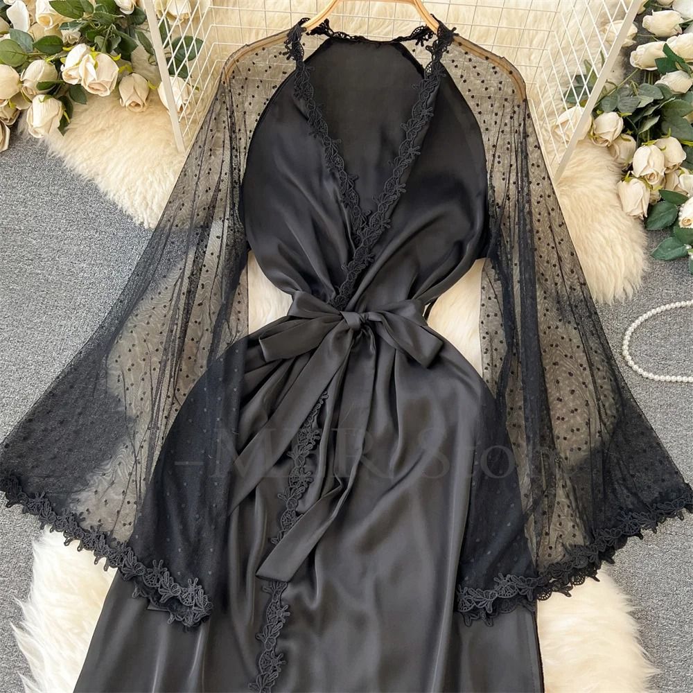 Sexy Embroidered Edge Kimono Robe – Professional Silk Satin Long Gown with Mesh Sleeves