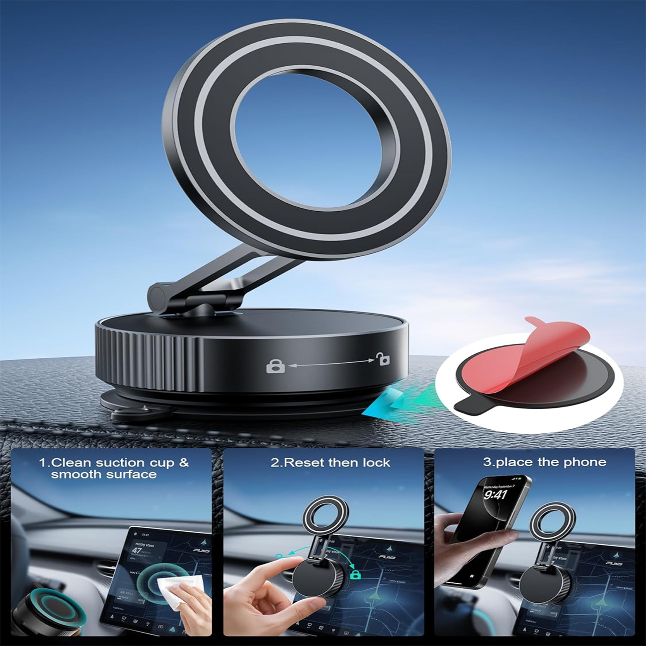 Magnetic Car Phone Mount, 360° Foldable Vacuum Magnetic Phone Holder, Hands-Free Suction Cup Phone Holder