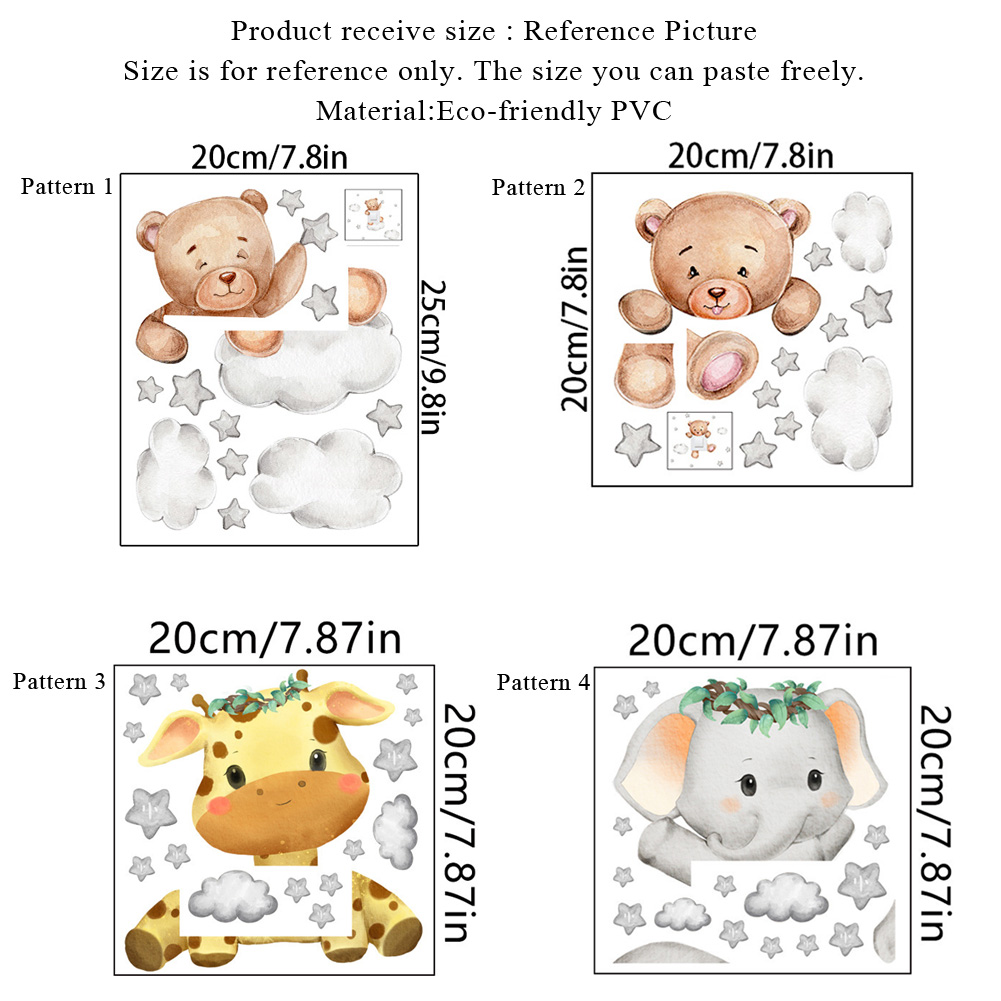 Cute Animal Wall Stickers for Kids, Self-Adhesive Giraffe, Bear & Elephant Bedroom Decor