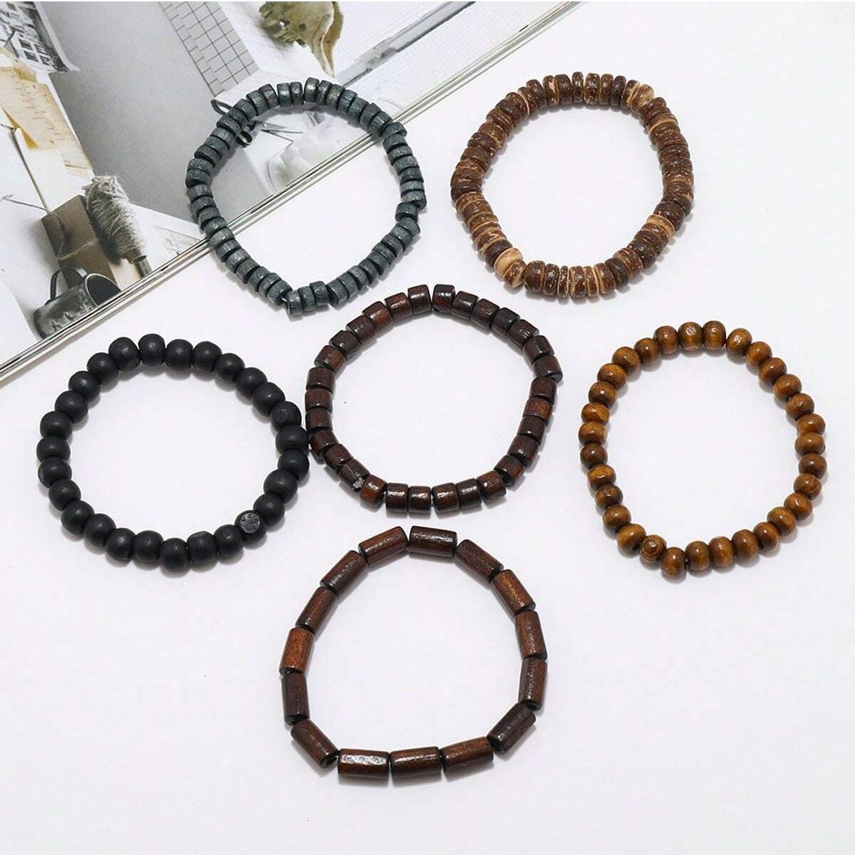 Wooden Braided Leather Bracelet for Men, Vintage Beads Wrap Armband, Life Wood Fashion Male Bracelet