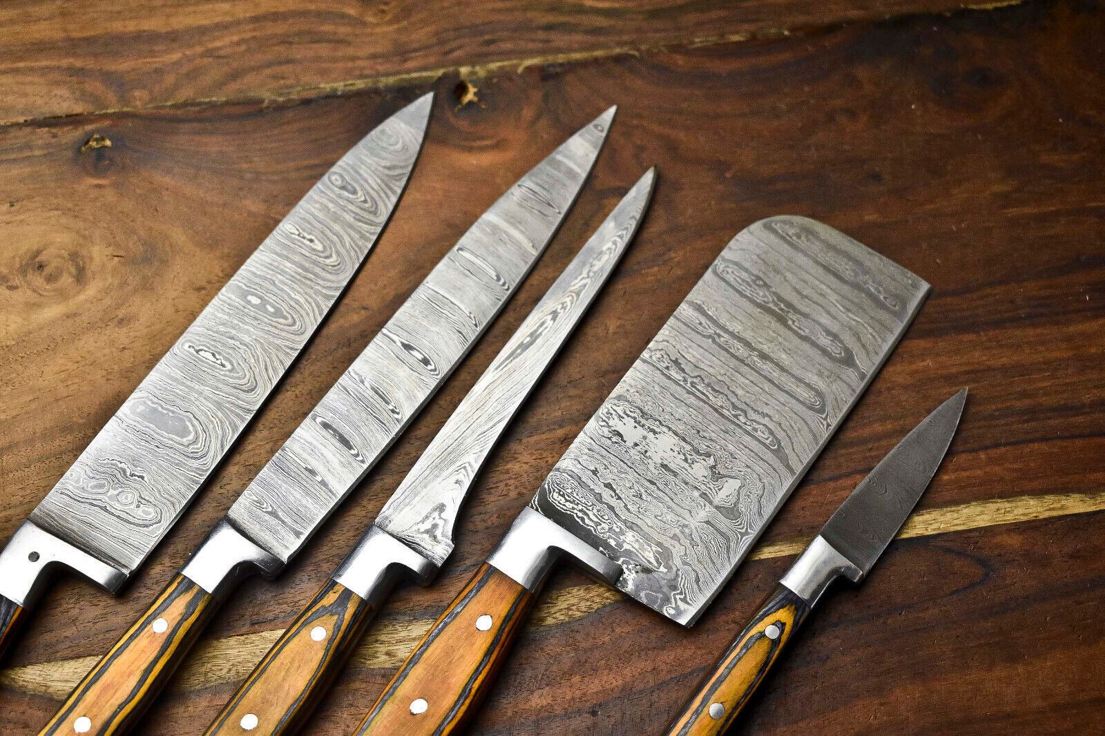 Hammered Damascus Steel Chef Knives – Lot of 5 Professional Handmade Set