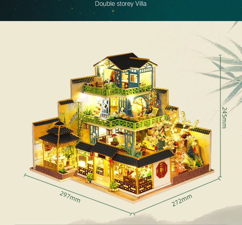 DIY Wooden Dollhouse with Furniture and Light, Casa Miniature Doll House Kit, Chinese Style Villa Model Toys Birthday