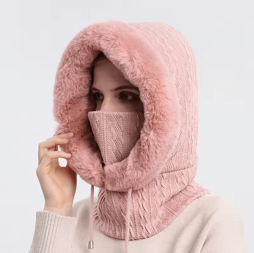 Women Winter Hooded Balaclava Hat with Neck Warmer Knitted Plush Windproof Cap