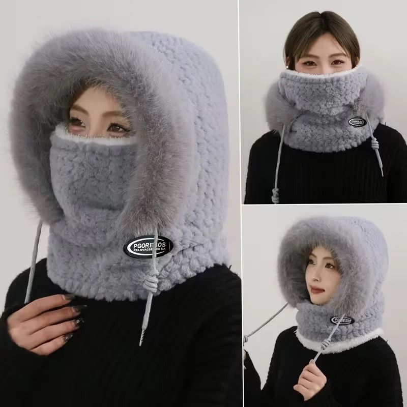 Women Thermal Plush Hood Hat Scarf Mask Set Windproof Winter Wear