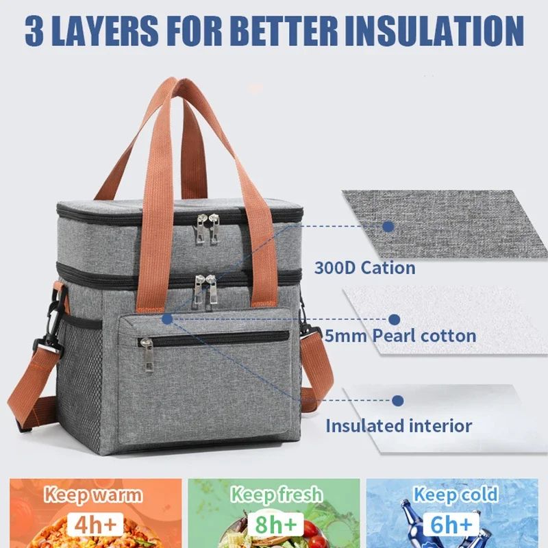Double Layer Large Capacity Thermal Lunch Bag