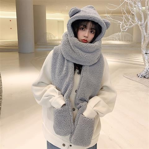 Teddy Bear Hat Women's Autumn Winter Plush Scarf One-piece Hooded Gloves Three Piece Warm Set
