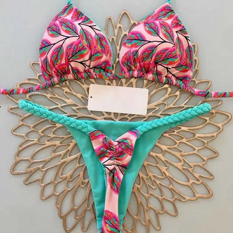 Womens Split Print G-String Bikini Set Sexy Beach Swimwear