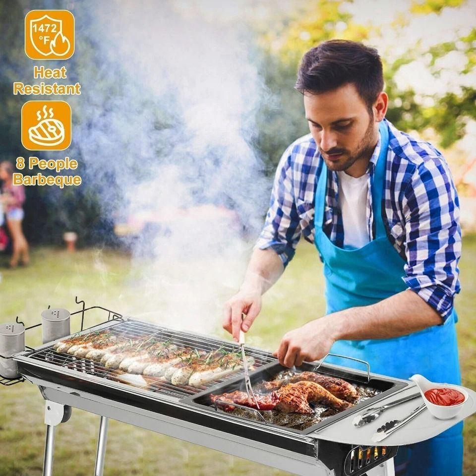 Stainless Steel BBQ Grill Portable Folding Design, Non-Stick Frying Pan, Perfect for Camping and Picnic, Large BBQ Area