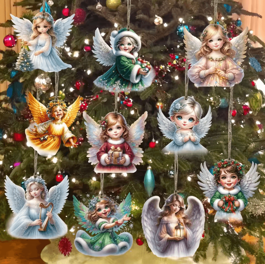 10PCS Handmade Wooden Christmas Angel Ornaments with Rope – Rustic Holiday Tree Decoration