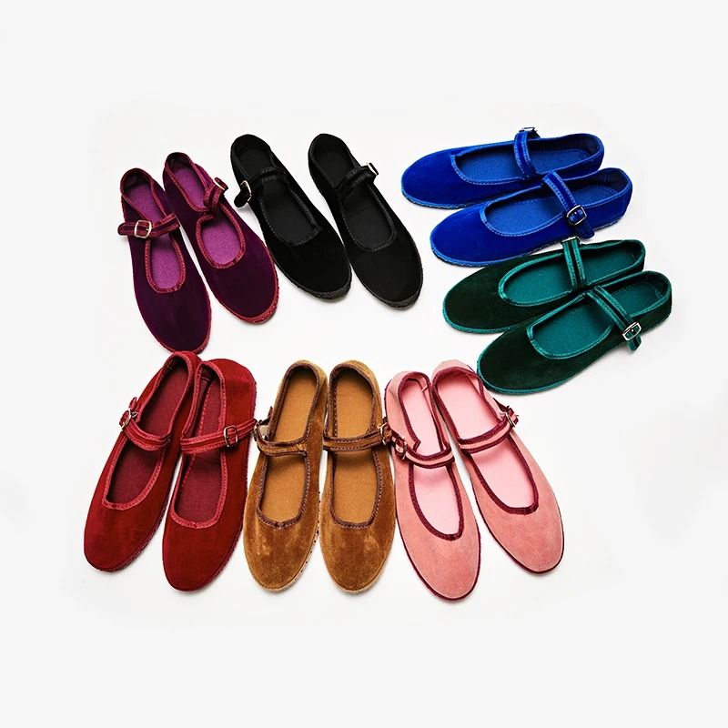 Women Velvet Cloth Ballet Flats Mary Jane Style Round Toe Loafers