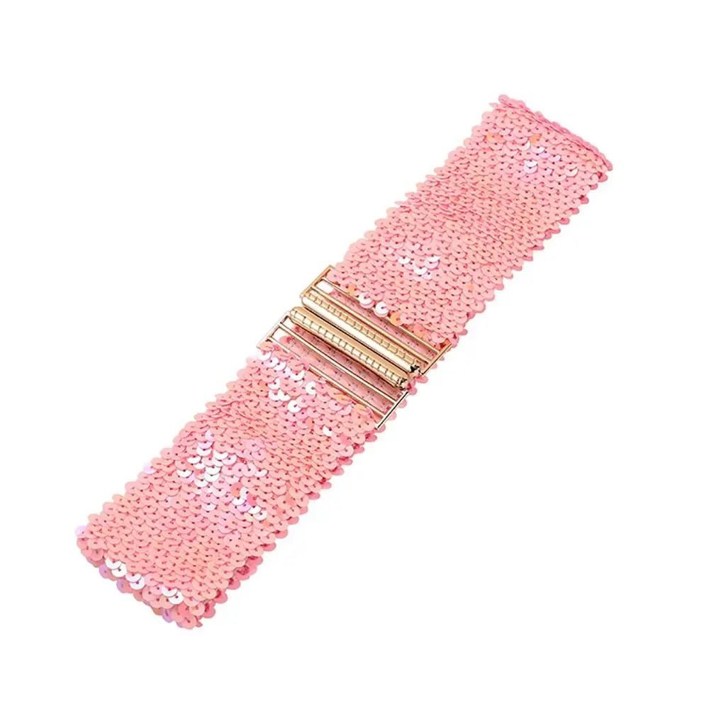 GlamCurve Wide Sequin Elastic Waist Belt with Gold Buckle