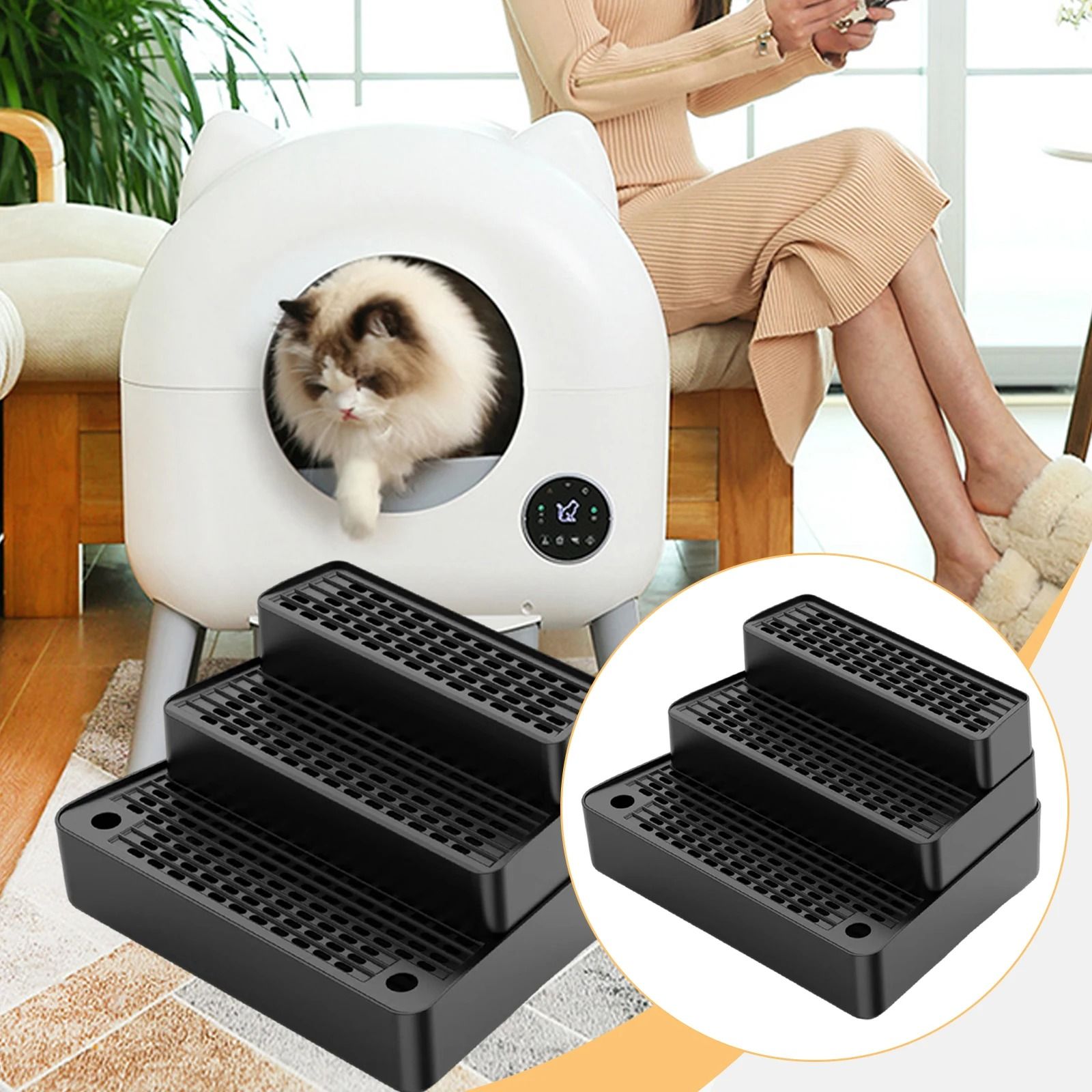 Three Step Cat Litter Box Ramp with Non Slip Feet Filter