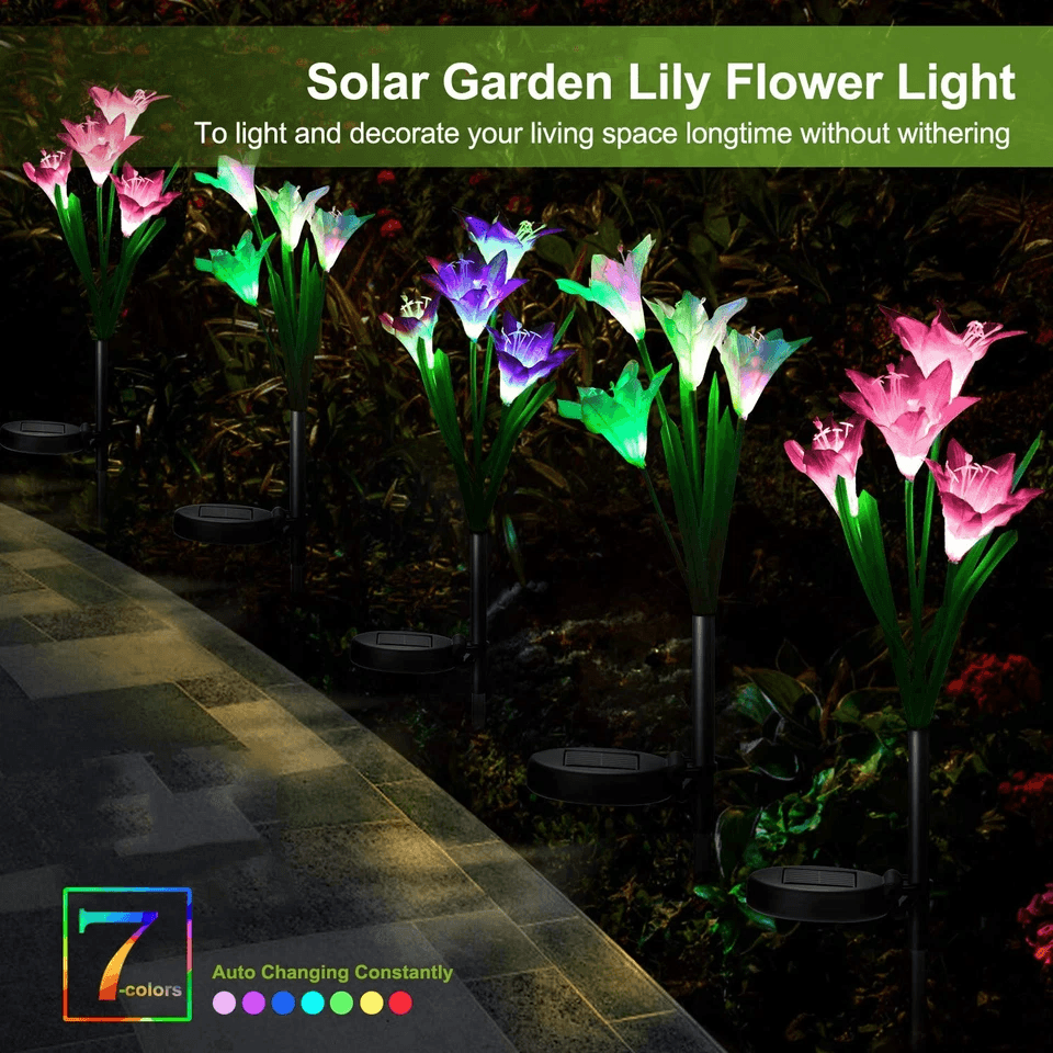 Solar Lily Flower Garden Lights, LED Outdoor Pathway Yard Decor Lamp, 7-Color Changing