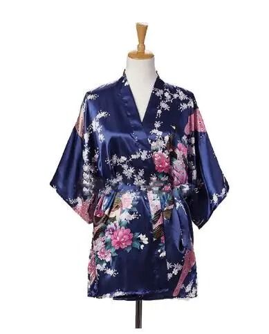 Peacock Print Japanese Kimono Yukata – Professional Silk Satin Short Nightgown & Bath Robe Costume