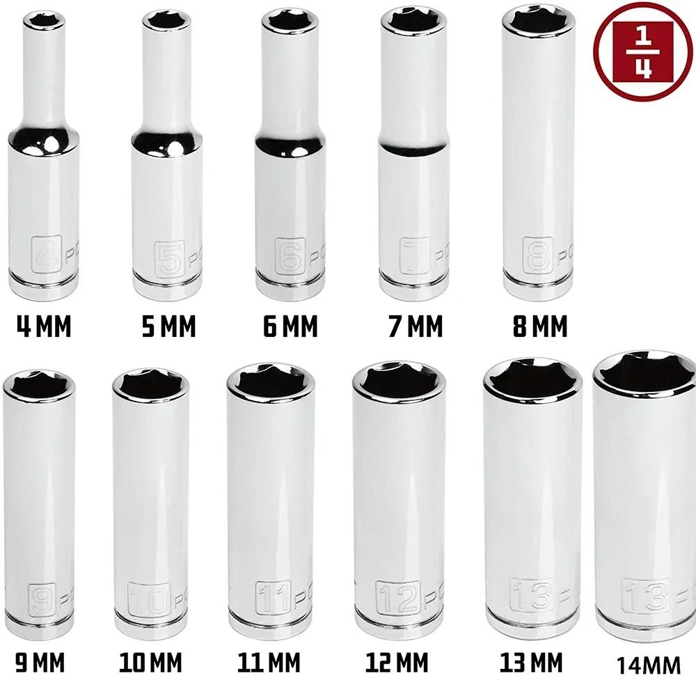 11 Piece Metric Deep Socket Set Chrome Vanadium 1/4 Inch Drive