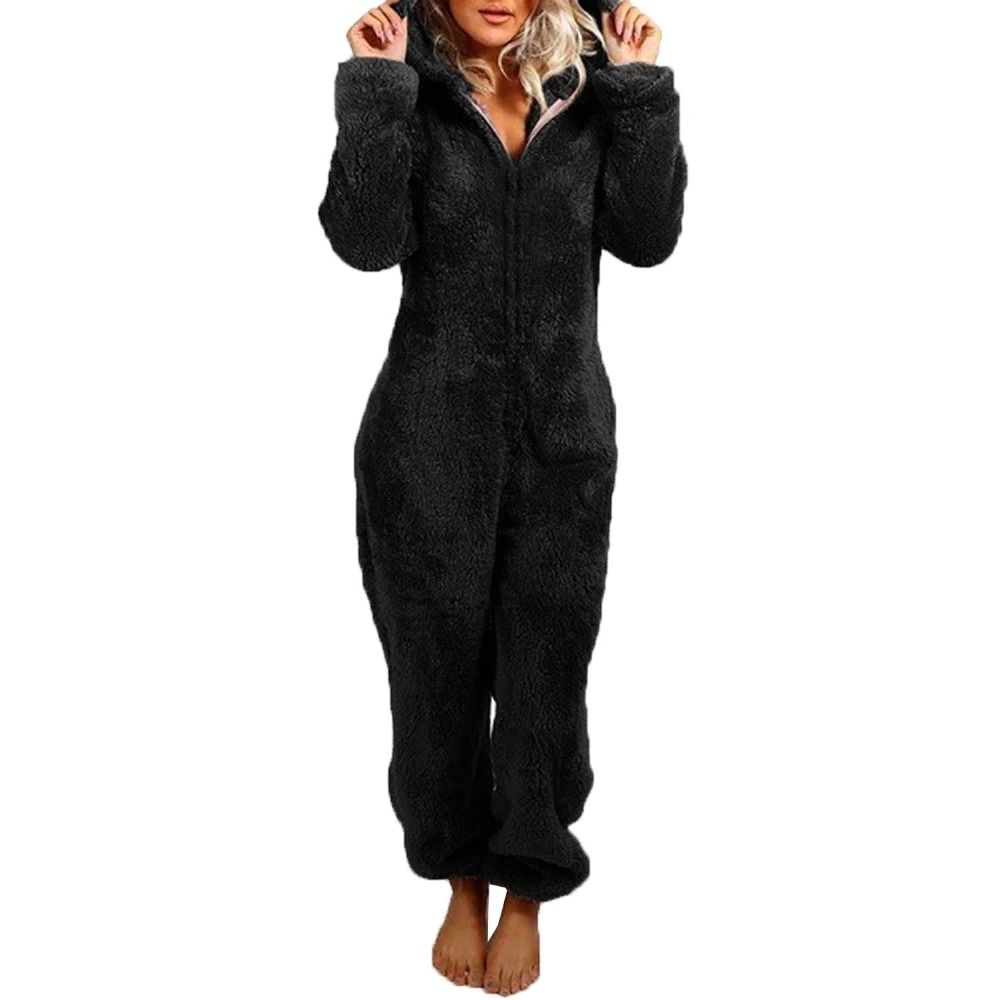 Womens Plush Flannel Pajama Romper Hooded Long Sleeve Winter Sleepwear Onesie