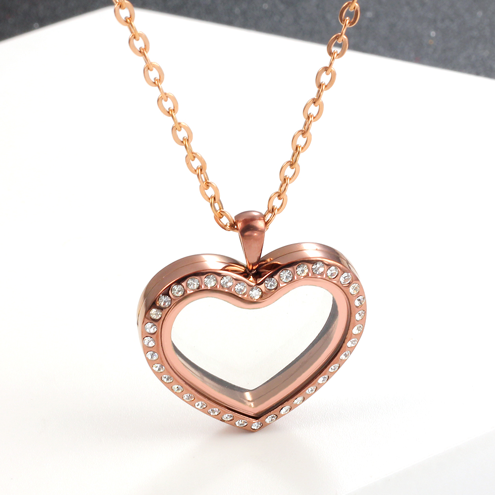 Stainless Steel Living Glass Locket, Peach Heart Floating Charm, Magnetic Closure Chain Necklace
