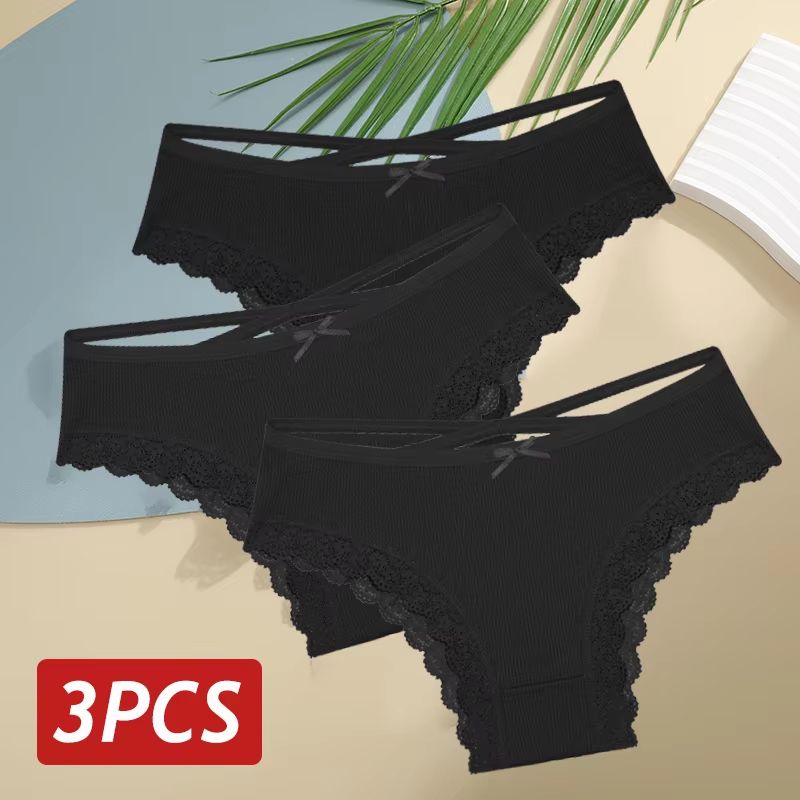 Women's 3-Piece Cotton Low-Rise Lace Brazilian Panties Set Breathable Soft Underwear S-XL