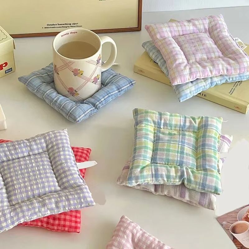Korean Style Hand-Made Cotton Coaster Set - Checked Pattern Insulation Pad Table Mat for Home and Kitchen