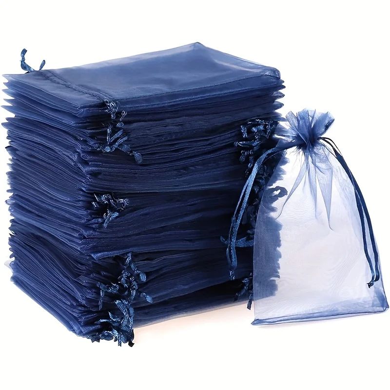 Navy Blue Organza Drawstring Gift Bags 50-Pack, Sheer Favor Pouches for Jewelry & Treats