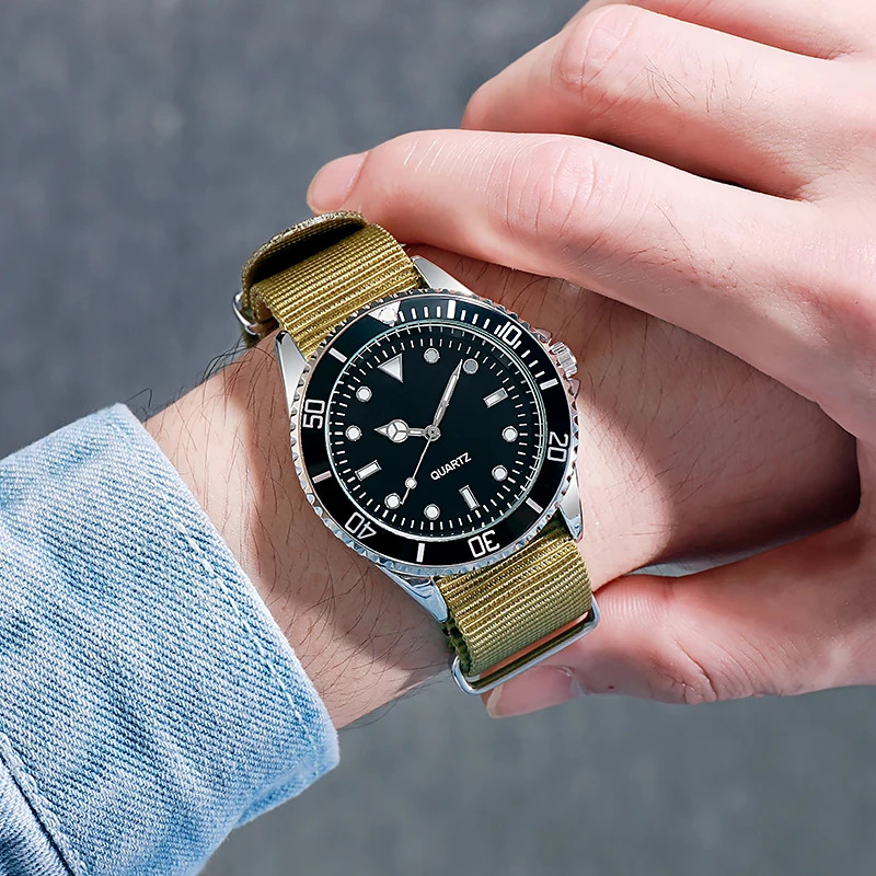 Diver Style Watch with Japan Movement and Rotating Bezel Fabric Strap Dial for Adventurers