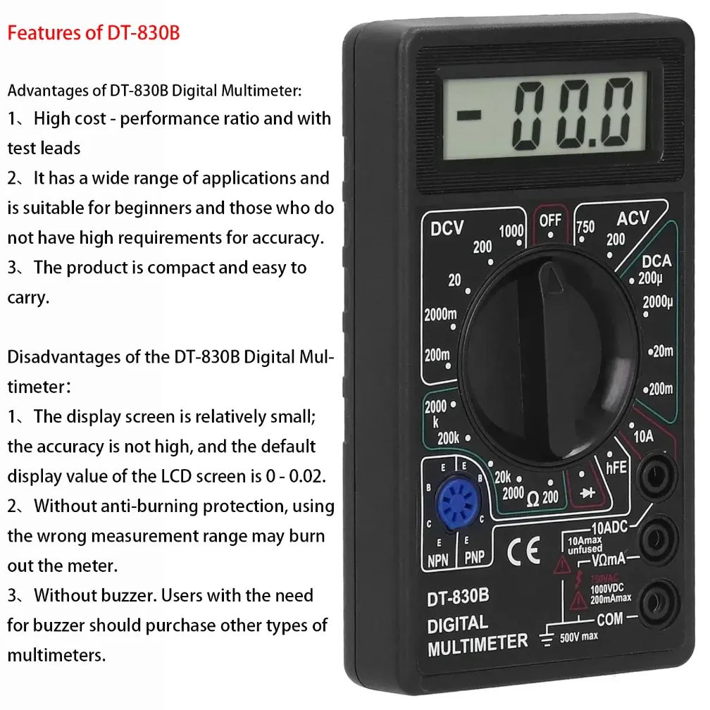 DT830B Digital Multimeter Tester | Portable Voltmeter Ammeter Ohm Meter for Car Battery, Circuit & Electrical Testing