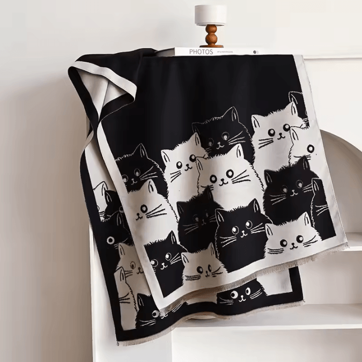 Cute Cat Jacquard Cashmere Pashmina Scarf – Thick Winter Warmth Shawl & Coldproof Blanket