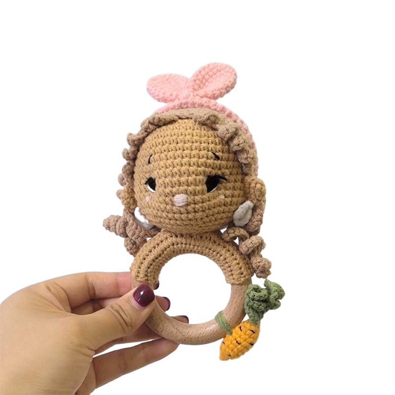 Long Ear Bunny Baby Rattler Safety Wooden Teether Mobile Crib Bell Teething Toy