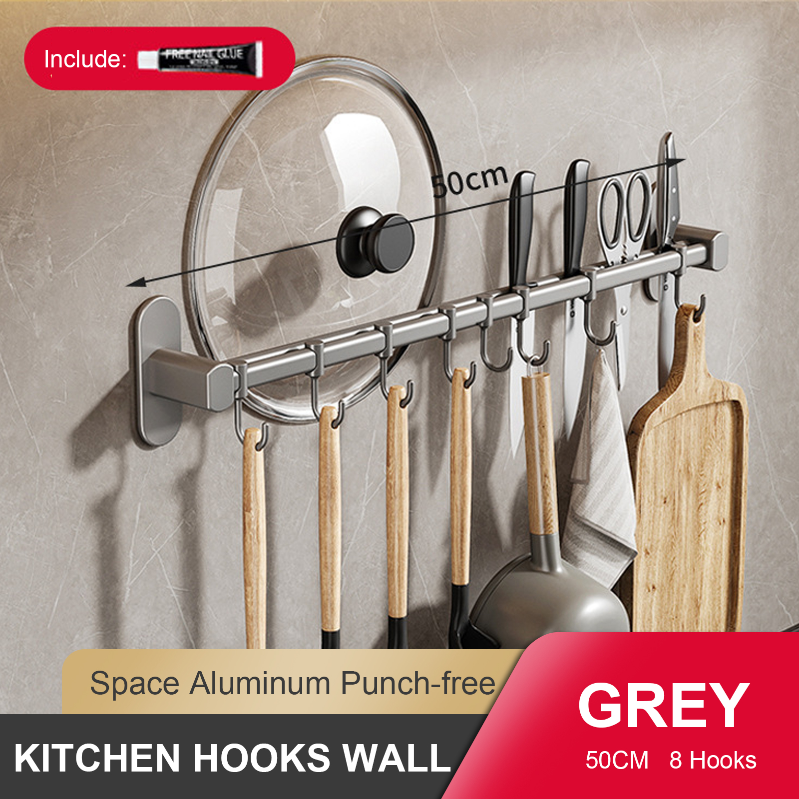 Wall Mounted Kitchen Hook Rack, No-Punching Wall Hangers, Rail Kitchen Utensils Rack, Spoon Shovel, Chopping Board