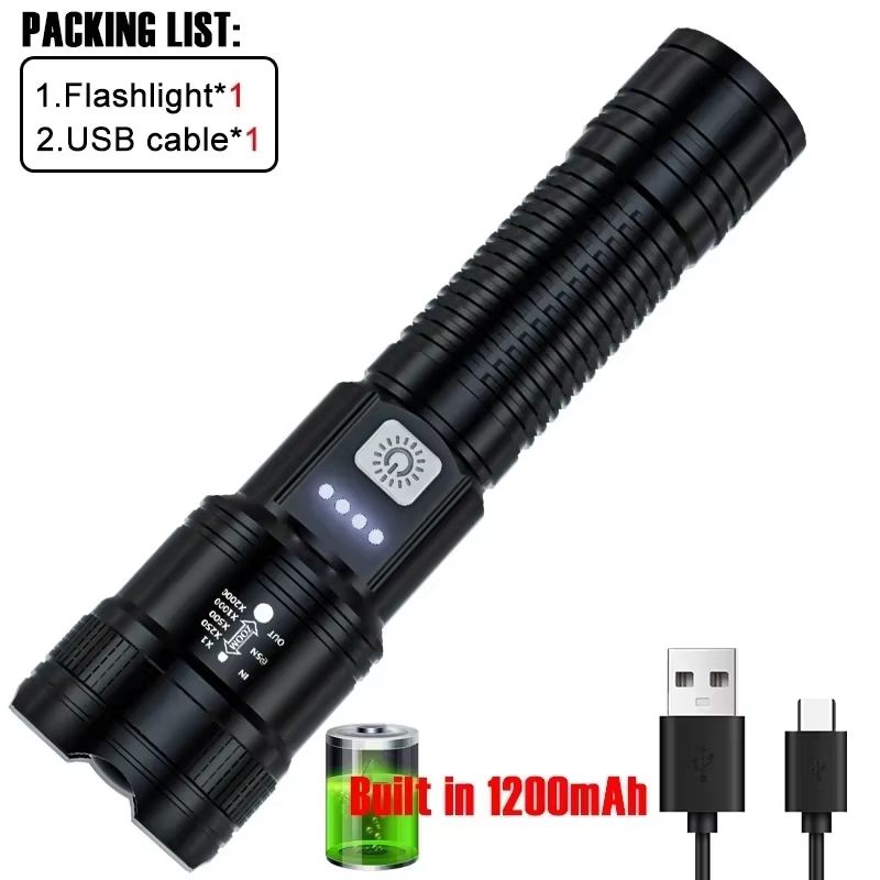 USB Rechargeable 2000LM Tactical LED Flashlight with Zoom and Display