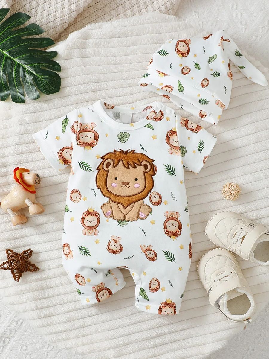 Baby Boy Casual Hoodie with Cartoon Lion Pattern, Shorts and Hat