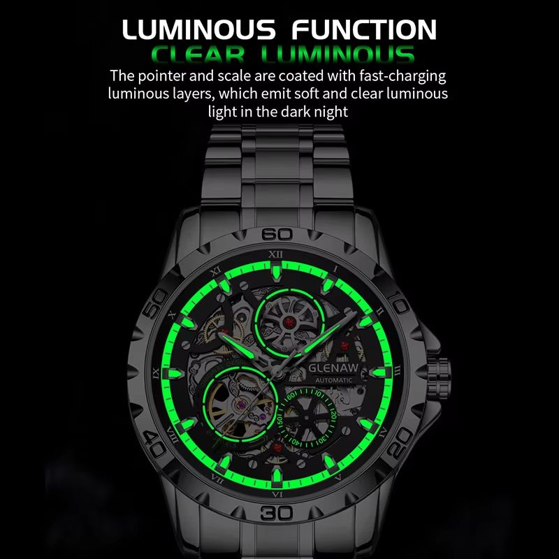 GLENAW Steampunk Skeleton Automatic Men's Watch – Luxury Mechanical Watch with Luminous Waterproof Design