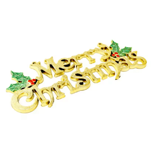 Gold Merry Christmas Letter Sign Festive Berry & Leaf Holiday Wall Decoration