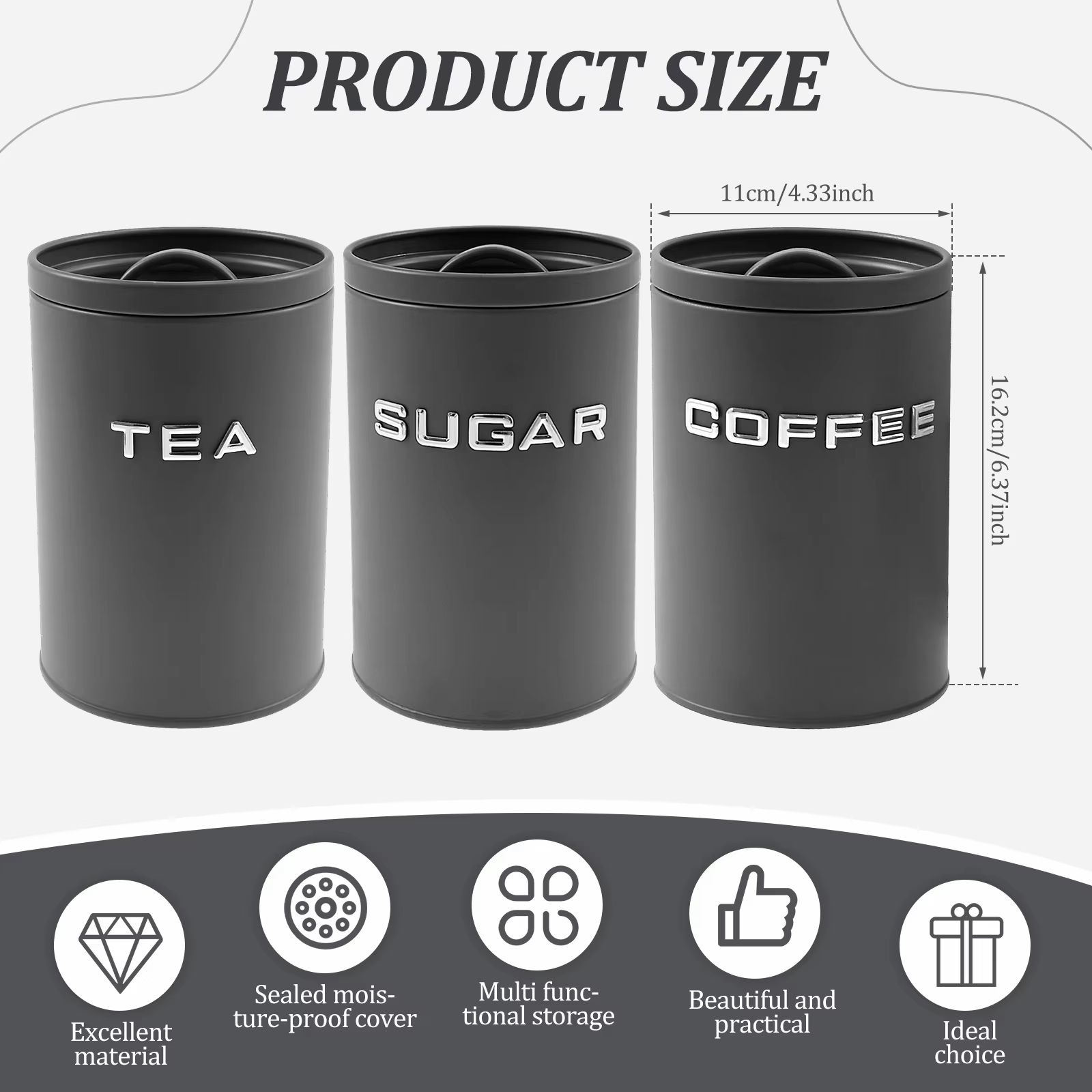 3-Piece Airtight Coffee, Tea and Sugar Canister Set for Kitchen Countertop Storage