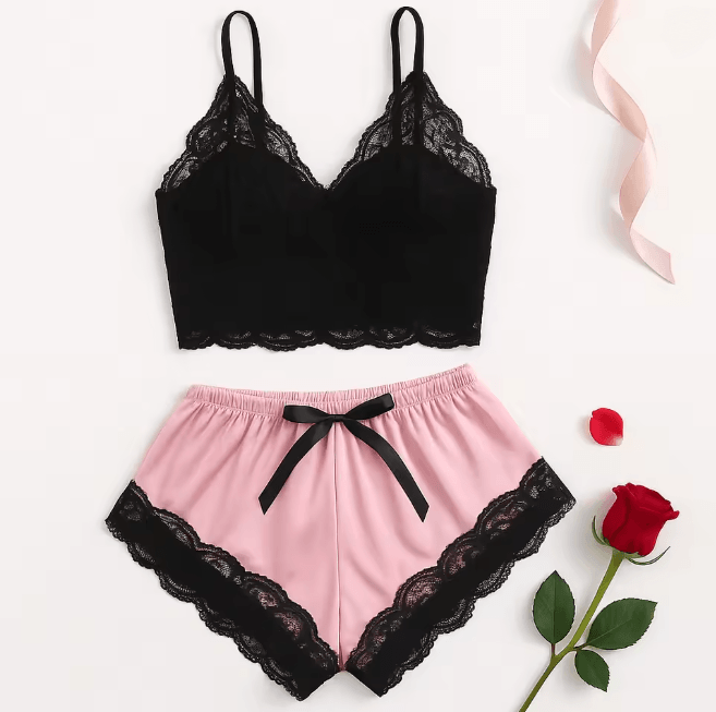 Womens Satin Pajama Set Lace Cami and Shorts Sleepwear